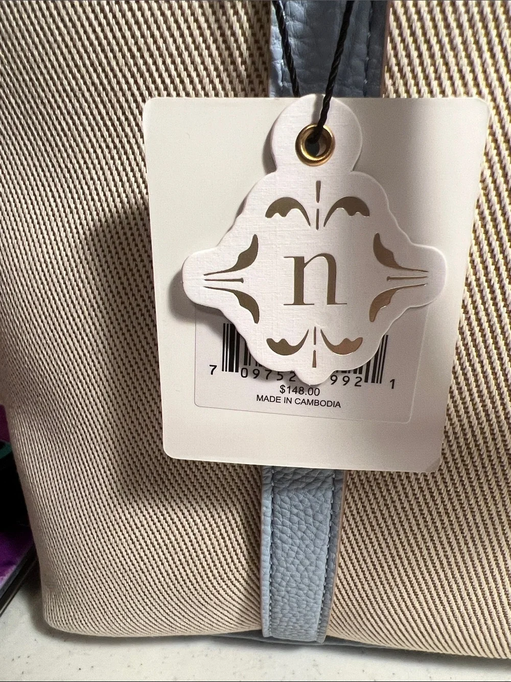 Nanette Lepore Beige Canvas Tote with Light Blue Leather Trim and Charm  RT,148